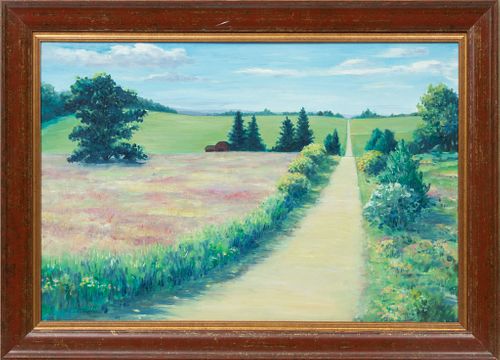 Margaret Tvedten (American, Harbor Springs, Michigan, B. 1950) Oil On Canvas, Road To Camp Daggett, H 24'' W 36''