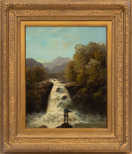 Francis Sydney Muschamp (British, 1851-1929) Oil On Canvas, 1881, Fisherman On Rock Near Waterfall, H 21'' W 17''