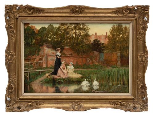 Arthur Longley Vernon (British, 1841-1922) Oil On Canvas, Ladies Feeding Swans, H 16'' W 24''