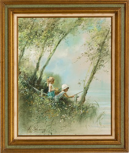 Adolf Sehring (American/Russian, B. 1930) Oil On Canvas, Young Boy And Girl Fishing, H 30'' W 24''