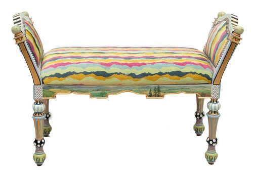 MacKenzie-Childs (American) Hand Painted Wood And Upholstered Bench H 29'' W 17'' L 44''