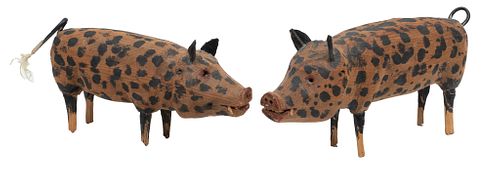 Carl McKenzie (American, 1905-1998) Carved And Painted Wood With Mixed Media, Spotted Pigs, Group Of 2 H 5'' W 3.5'' L 11''