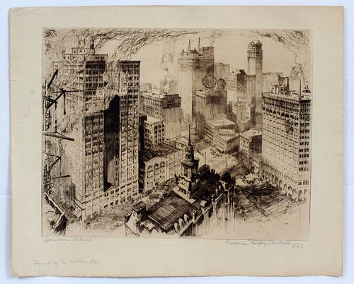 FREDERIC VALPEY SHOTWELL (AMERICAN, 1907-1929), ETCHING ON PAPER, C. 1933, H 11", L 13.75", "DOWNTOWN DETROIT"