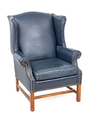 Ethan Allen Chippendale Style Blue Leather Wing Back Chair H 42'' W 32'' Depth 29''