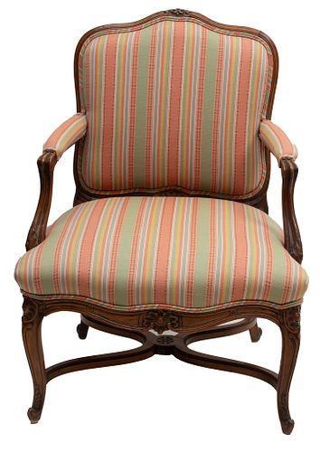 French Style Walnut Open Arm Chair Ca. 1950, H 38'' W 27''