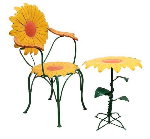 Hand Painted Wrought Iron, Metal And Wood Sunflower Chair And Table H 38'' W 22.5'' Depth 20''