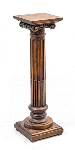 Carved Mahogany Pedestal, Ionic Column Form, H 36'' W 10.25'' L 10.25''