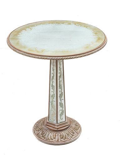 Hollywood Regency Mirror-clad Carved Wood Table, H 28.5'' Dia. 25''