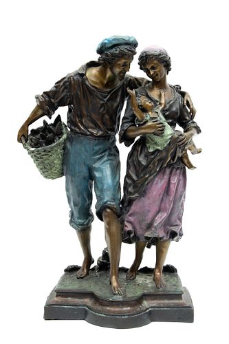 Ernest Rancoulet (French, 1870-1915) Cold Painted Bronze Sculpture, Provincial Couple With Child, H 28'' W 14'' Depth 9''