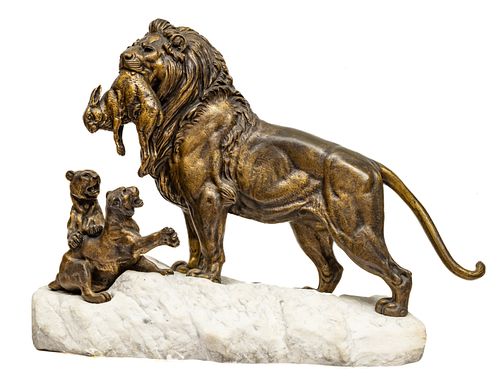 After Paul-Edouard Delabrierre (French, 1829-1912) Bronze And Marble Sculpture, "First Game", H 18.5'' L 26'' Depth 9''