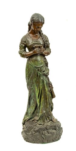 Morrau, Bronze Sculpture, Young Woman With Flowers, H 24'' W 7'' L 7''