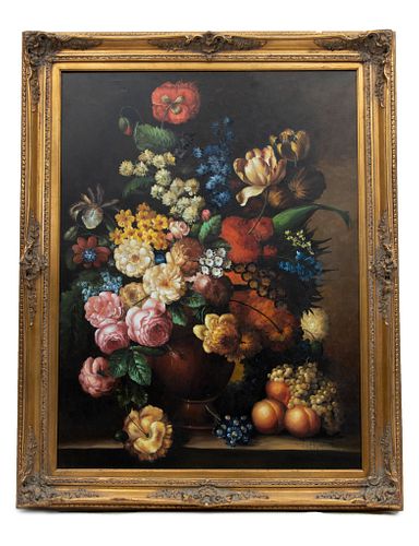 Flemish Style Oil On Canvas, Floral And Fruit, H 48'' W 36''