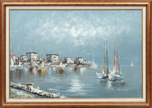 Rikard Lindstrˆm (Swedish, 1882-1943) Oil On Canvas, Harbor Scene, H 24'' W 36''