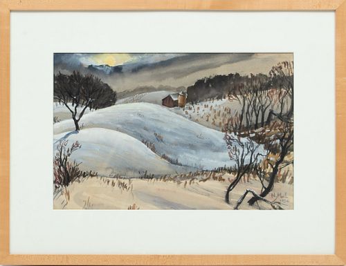 Norman MacLeish (American, 1890-1975) Watercolor Ca. 1936, Winter Near Barrington, Il., H 11'' W 17''