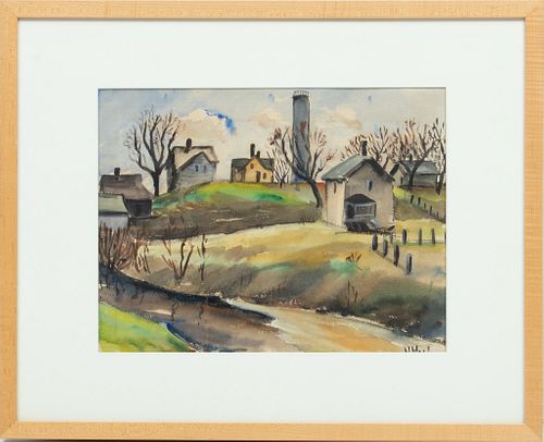 Norman MacLeish (American, 1890-1975) Watercolor Village With Water Tower, H 11.5'' W 15.5''