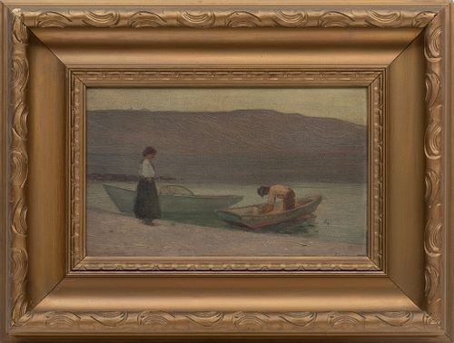Benjamin Osro Eggleston (American, 1867-1937) Oil On Board, "Fishing Boats - Monhegan", H 8'' W 13.5''