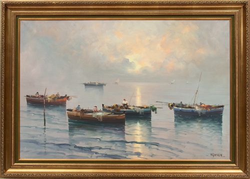 Hansen, Germany, Oil On Canvas, Ca. 1950, Lake With Fishing Boats, H 24'' W 36''