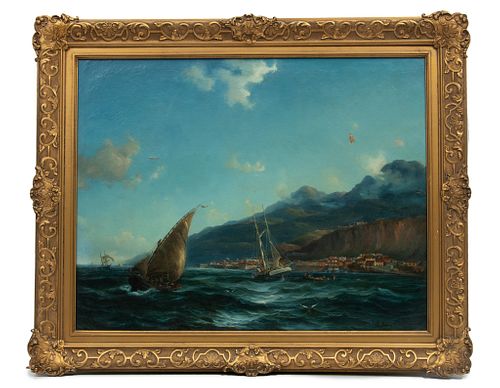 T. Aubazobckius, German Oil On Canvas C. 1862, Rhine River Scene, H 26'' W 36''