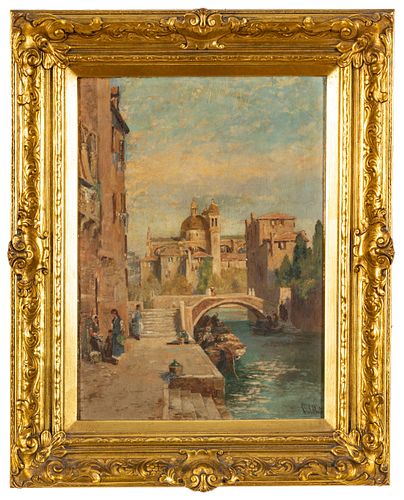 George Charles Haite (British, 1855-1924) Oil On Beveled Panel, Ca. 19th.c., Venice Canal Scene, H 15.5'' W 11''
