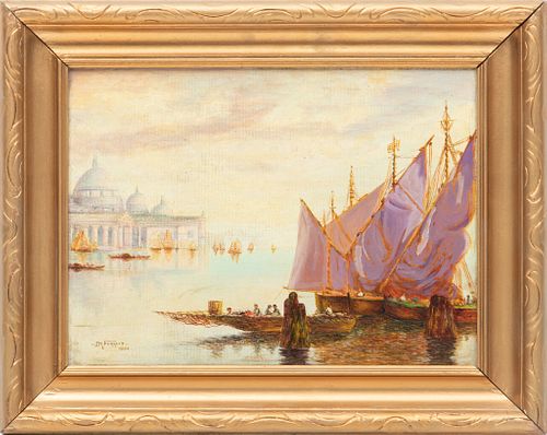 JM Forrest Oil On Canvas Board,  1934, Venetian Harbor Scene,, H 9'' W 12''