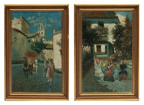 Spanish Oils On Panel, 20th C., Courtyard And Street Scene, Two Pieces H 9.25'' W 5.75''