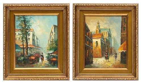 P. G. Tiele Oil On Canvas Mounted To Board,  20th C., European Street Scenes, Two Pieces, H 10'' W 8''