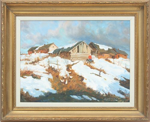 Aleksander Markovich Kremer (Russian B. 1958) Oil On Canvas, 2003, "Winter, Edge Of Village", H 18'' W 24''
