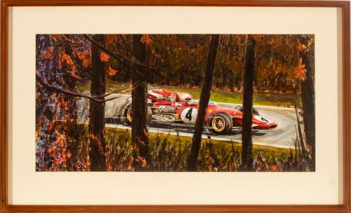James Bisignano, (American, 1939-2022) Oil On Board, 1972 Ferrari Formula I, Watkins Glen, H 16'' W 35''