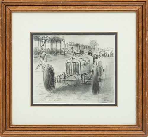 Peter Helck (American, 1893-1988) Pencil Illustration, Ca. 1933, "Indianapolis 500" Lou Meyer Winner, H 6.5'' W 7.5''