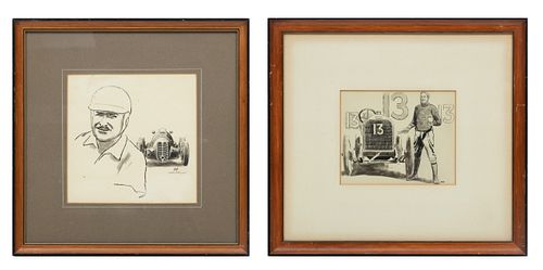 Peter Helck (American, 1893-1988) Auto Race Illustrations H 6.5'' W 6.7'' 2 pcs