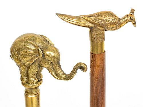 Brass Handle Walking Sticks, Elephant And Pheasant L 35.5" And L 36"