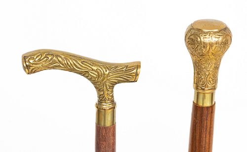 Brass Handled Walking Sticks, L 38" And L 37", 2 pcs