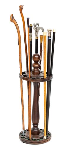 Grouping Of Nine Walking Sticks And A Stand, L 32" To L 43", 10 pcs
