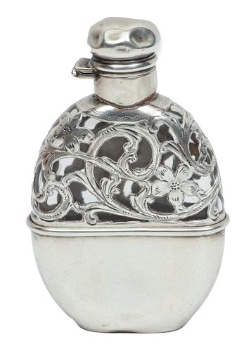 Sterling Silver Flask, Glass Lined Ca. 1910, H 4.2''