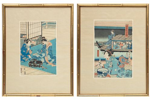 Japanese Woodblock Prints On Rice Paper, Geishas In Interior, H 14'' W 9'' 2 pcs