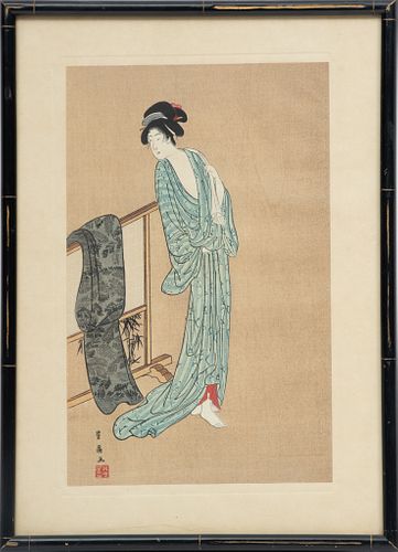 Toyohiro Utagawa (Japanese, 1772-1828) Woodblock Print On Rice Paper, Beauty In Bath-Dress, H 12'' W 7.5''