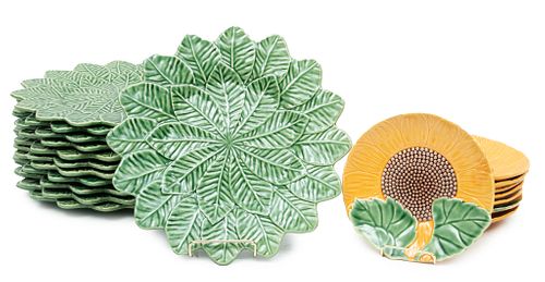 Bordallo Pinheiro (Portuguese) Ceramic Plates And Shallow Bowls, Lemon Leaves And Sunflowers, 20 pcs