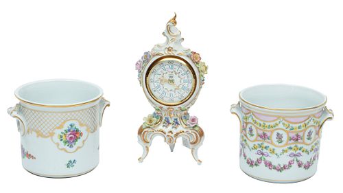 Dresden Porcelain (Germany) Two Cache Pots And A Table Clock, 20th Century, 3 Pcs H 4.5'' Dia. 5''
