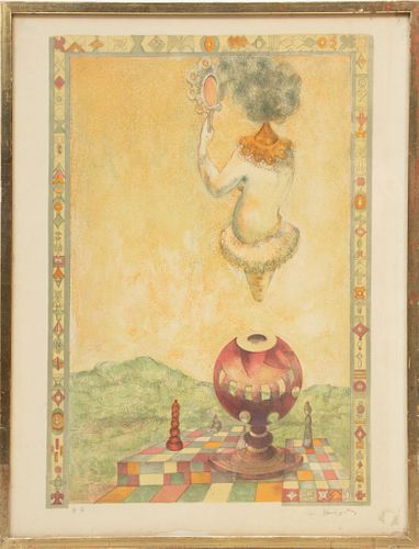 Lithograph C. 20th Century, Genie Out Of The Bottle, H 25'' W 19''