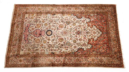 Persian Kashan Handwoven Pure Silk Prayer Rug, W 4' 5'' L 7' 2''
