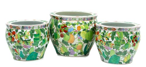 Guangzhou Arts & Crafts (Chinese) Painted Ceramic Planters, Group Of Three H 12'' Dia. 15''