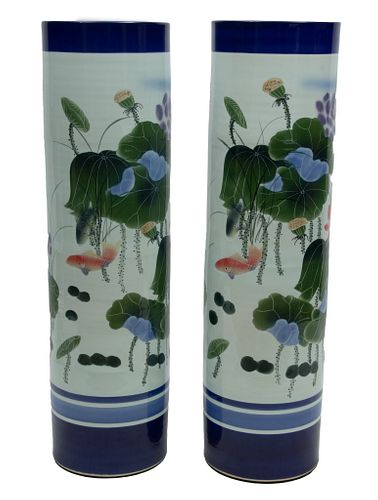 Chinese Palace-Sized Porcelain Vases, 21st C., Koi Pond With Blooming Water Lilies, Pair, H 50.5'' Dia. 13.5''