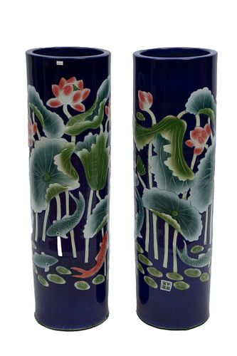 Chinese Palace-Size Porcelain Vases, 21st C., Water Lilies And Koi Fish, H 36'' Dia. 10.5''