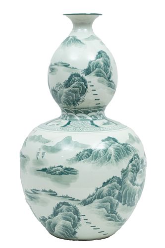 Chinese Green On White Porcelain Large Double Gourd Vase 21st. C.,, Chinese Mountain Lake Scenes,, H 25'' Dia. 14''