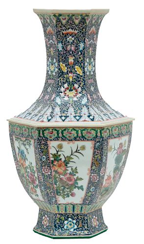 Chinese Qing Dynasty Style Polychrome Hexagonal Porcelain Vase, 21st C., H 23'' Dia. 13''