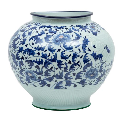 Chinese Blue And While Porcelain Flower Pot, 21st C., H 13'' Dia. 15''