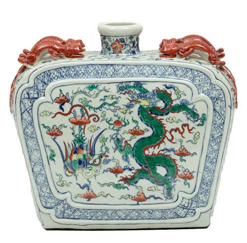 Chinese Kangxi Style Porcelain Flask-Form Vase, 20th C., H 12'' W 13'' Depth 4''
