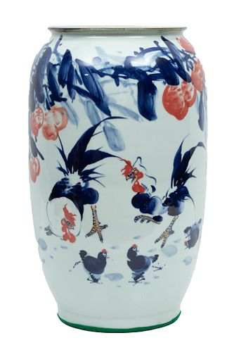 Chinese Blue On White Porcelain Tall Flower Vase 21st C.,, H 21'' Dia. 12''