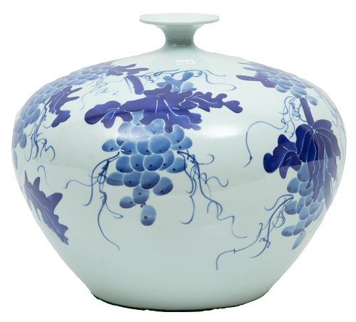 Chinese Blue On White Porcelain Shiliuzun/pomegranate Form Vase 21st C.,, H 11.5'' Dia. 13.5''