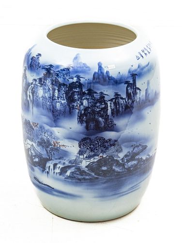 Chinese Blue And White Porcelain Drum Vase, 21st C., Southern Chinese Mountainscape, H 21'' Dia. 15''